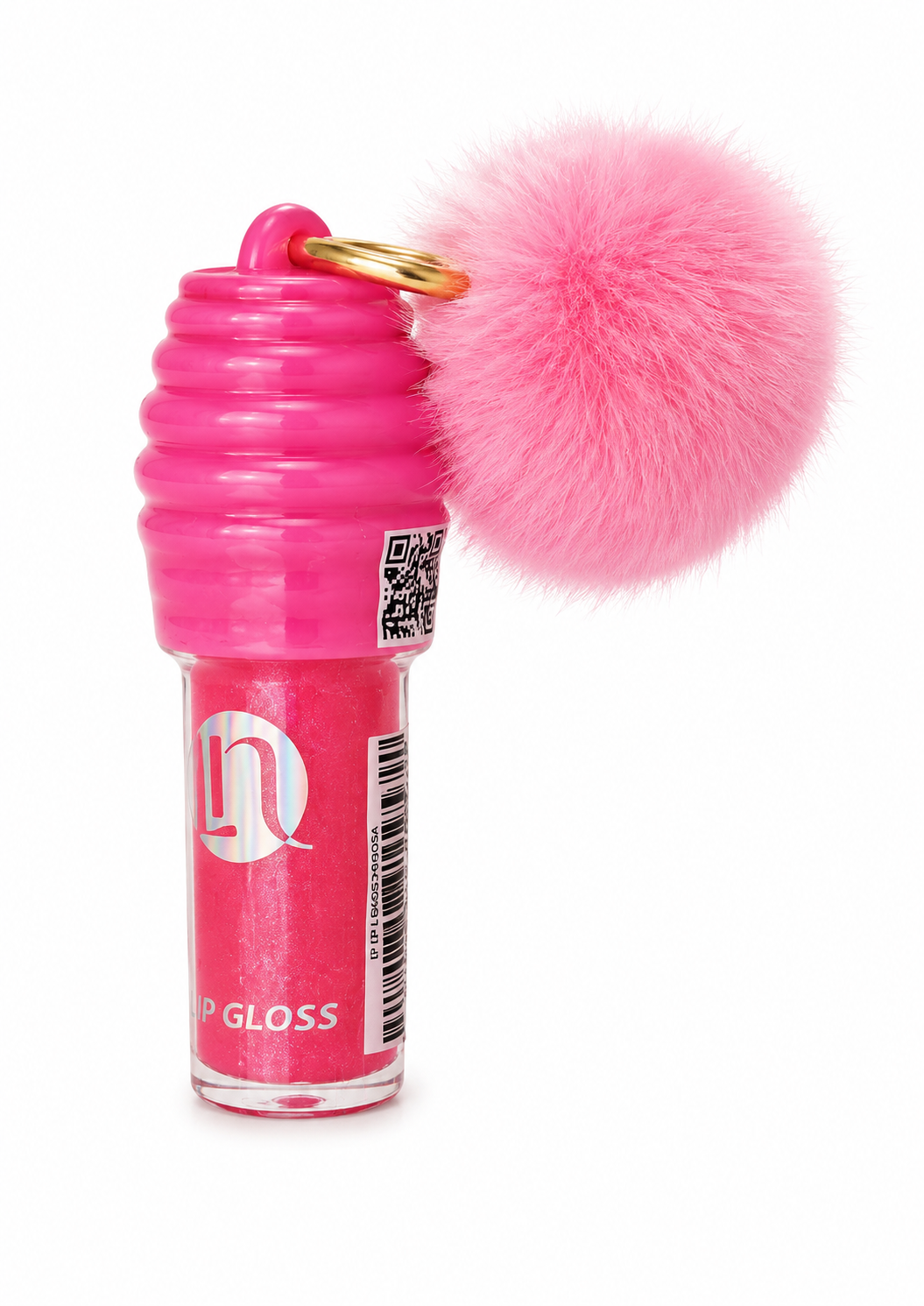 Lip Gloss com Chaveiro de Pompom Rosa